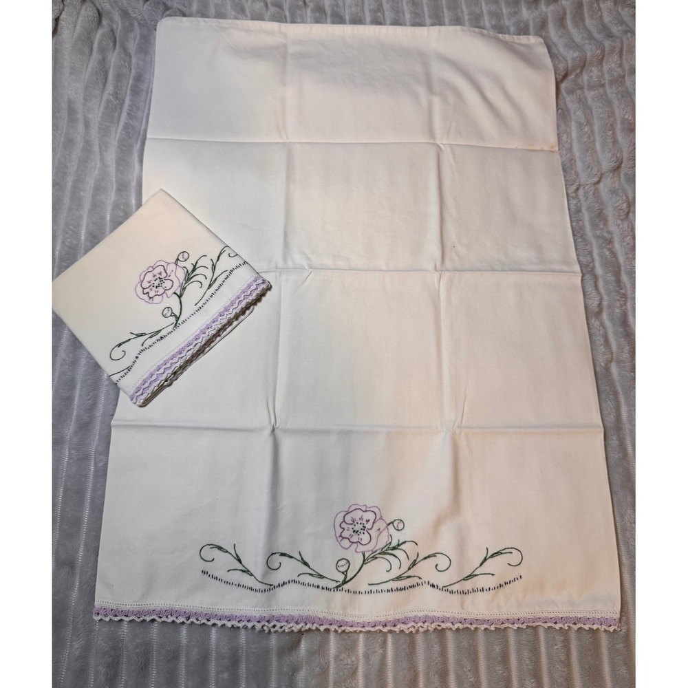 Vintage Hand Embroidered Floral Pillowcases Purple Crochet Lace Trim White 2pc